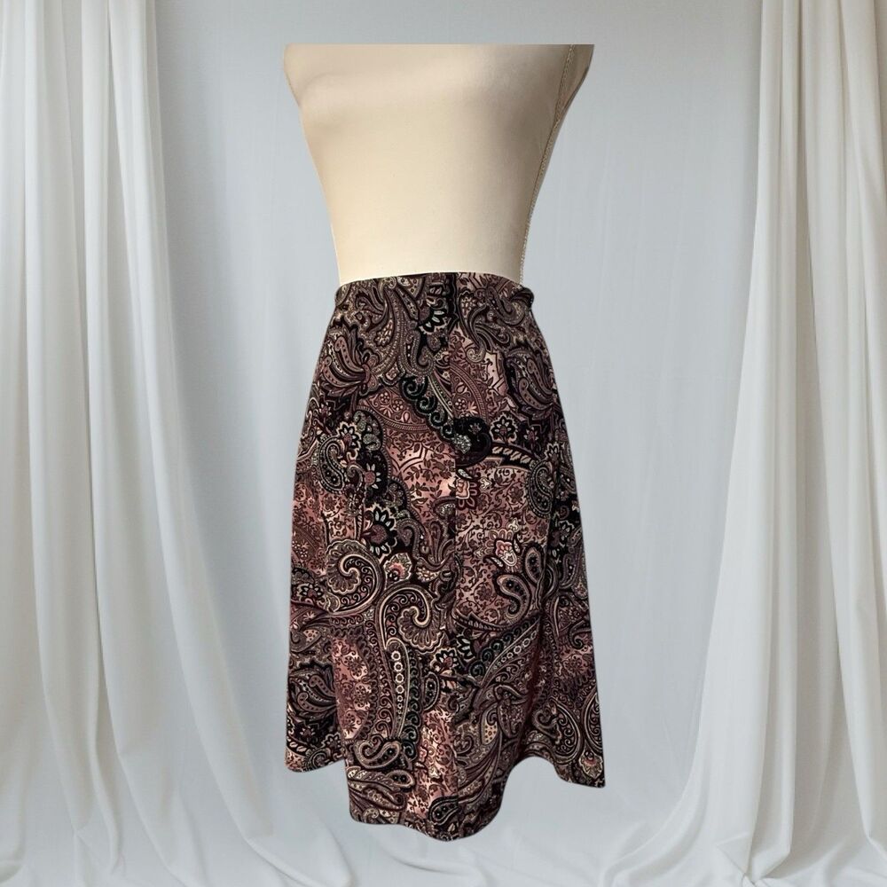 Elementz Petite Midi Skirt Womens PS Brown Paisley Excellent Stretch‎ A-Line